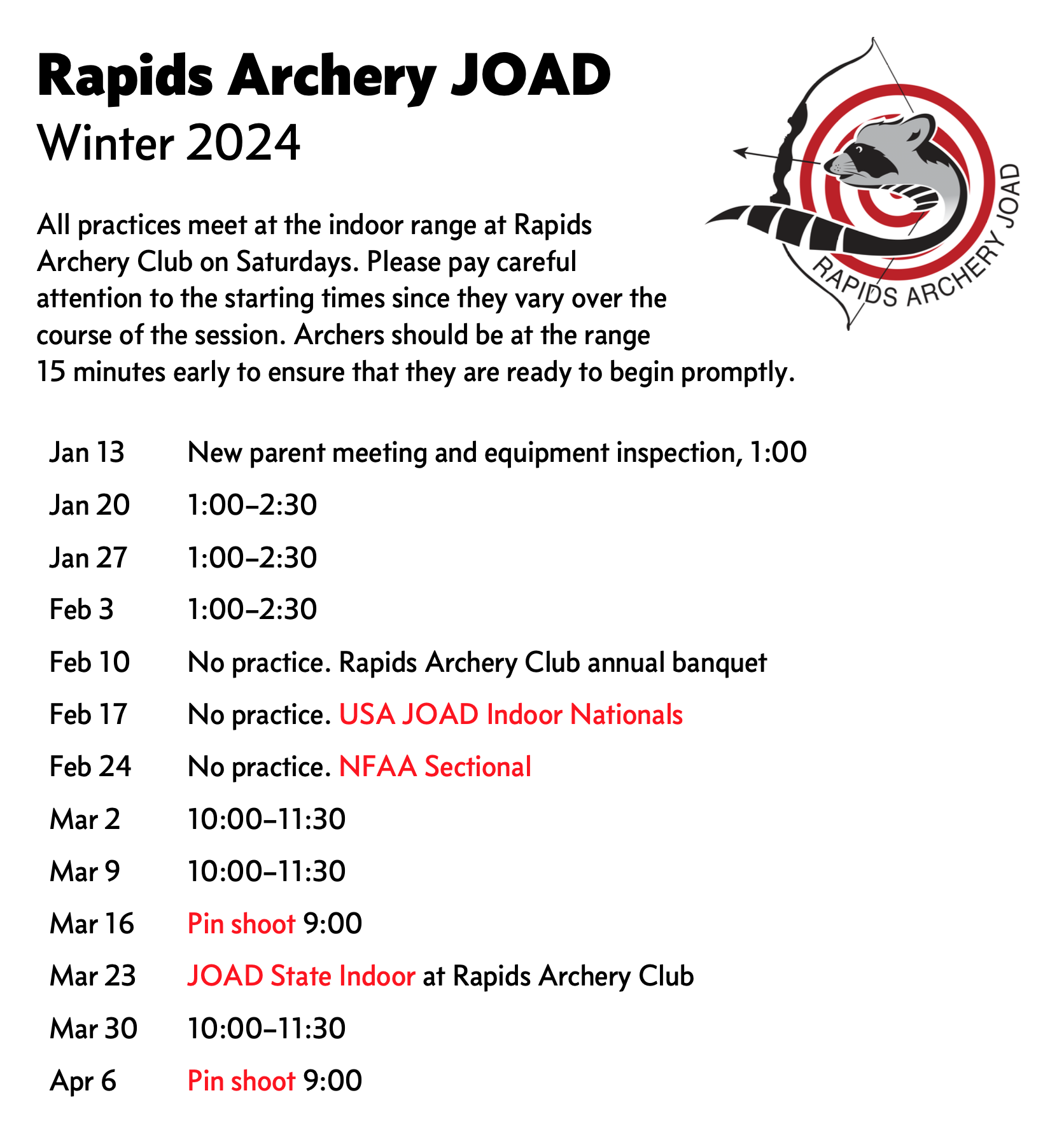 Screenshot of 2024 winter JOAD schedule