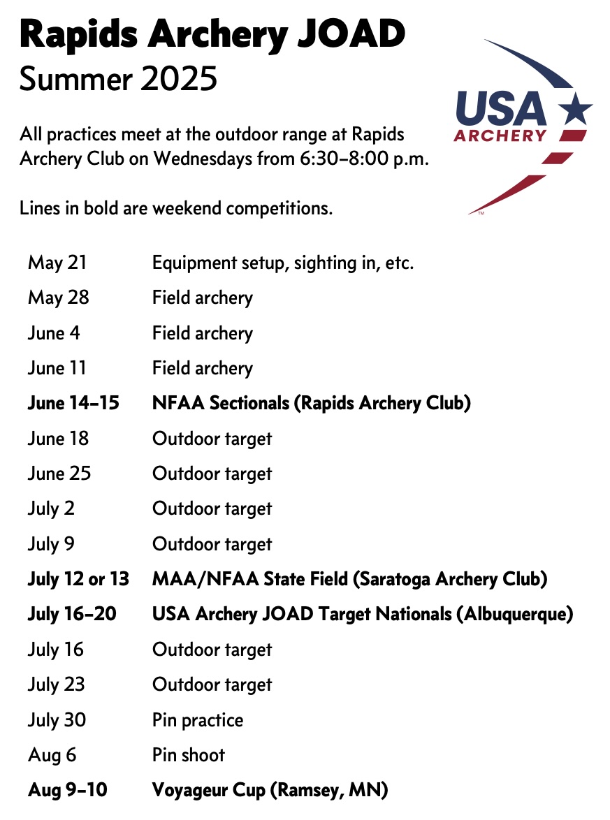Screenshot of 2025 summer JOAD schedule