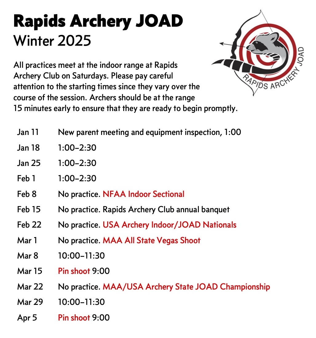 Screenshot of 2025 winter JOAD schedule