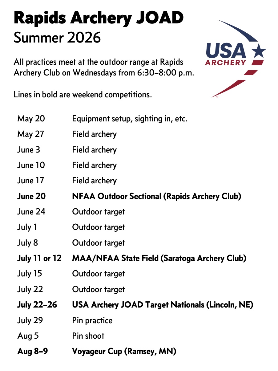 Screenshot of 2026 summer JOAD schedule